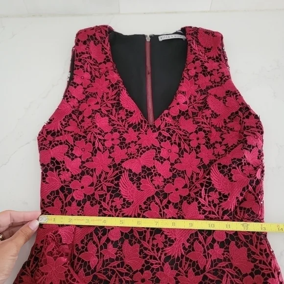Alice + Olivia Katia Ruffled Lace Sheath Dress Sleeveless Red Black Form-Fitting - Picture 8 of 8